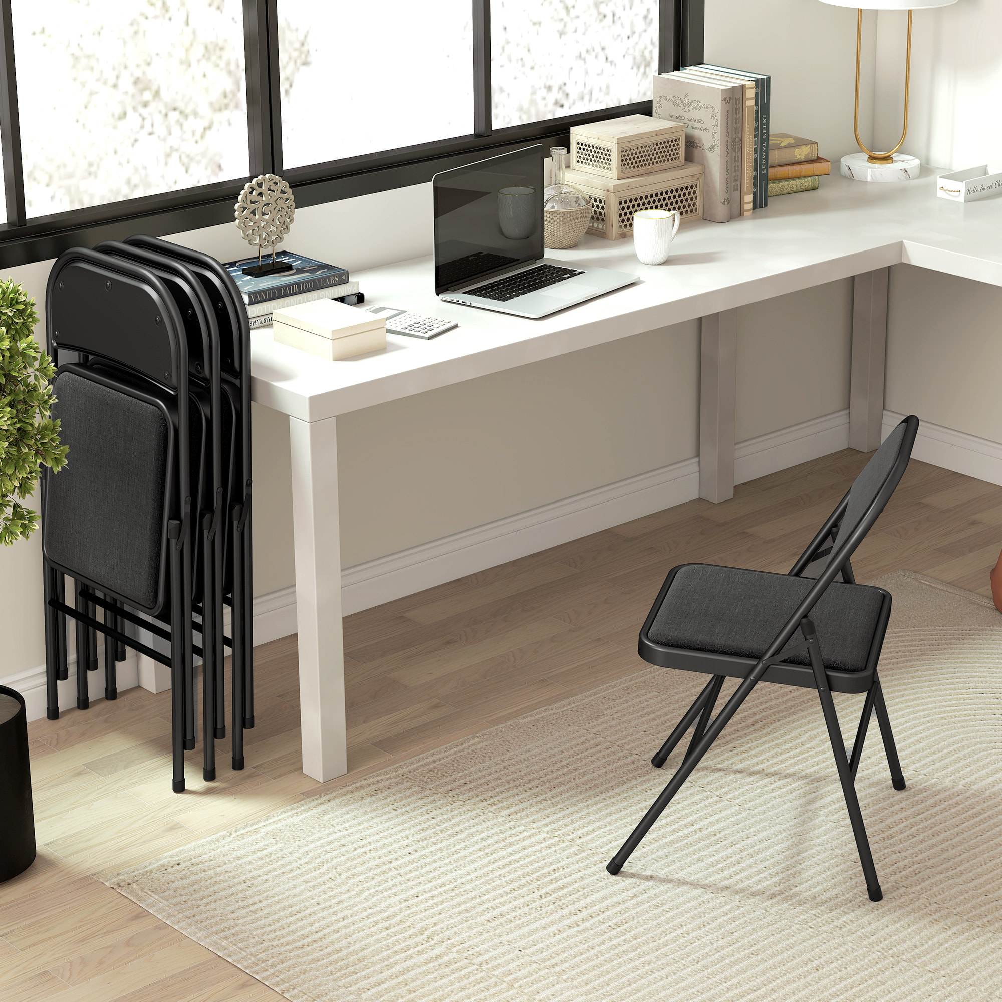 Lot de 4 chaises pliantes assise dossier rembourrés acier tissu toucher lin noir