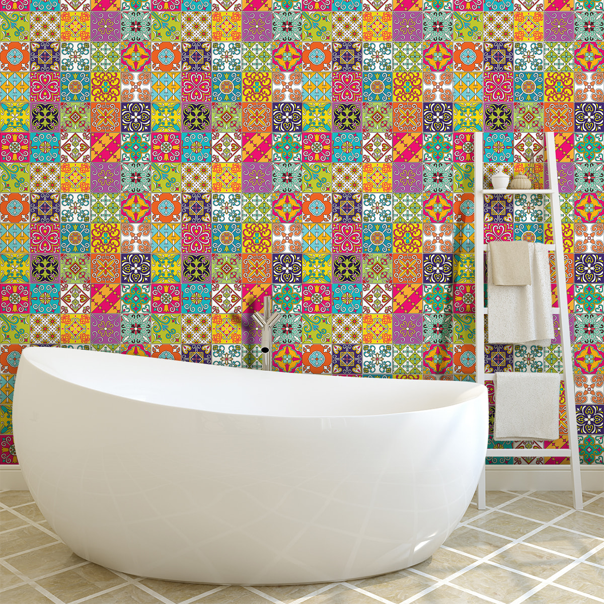 Stickers muraux - Sticker Mural Carrelage adhésif Cuisine Salle de Bain - 60 STICKERS CARREAUX DE CIMENT AZULEJOS NICOLO