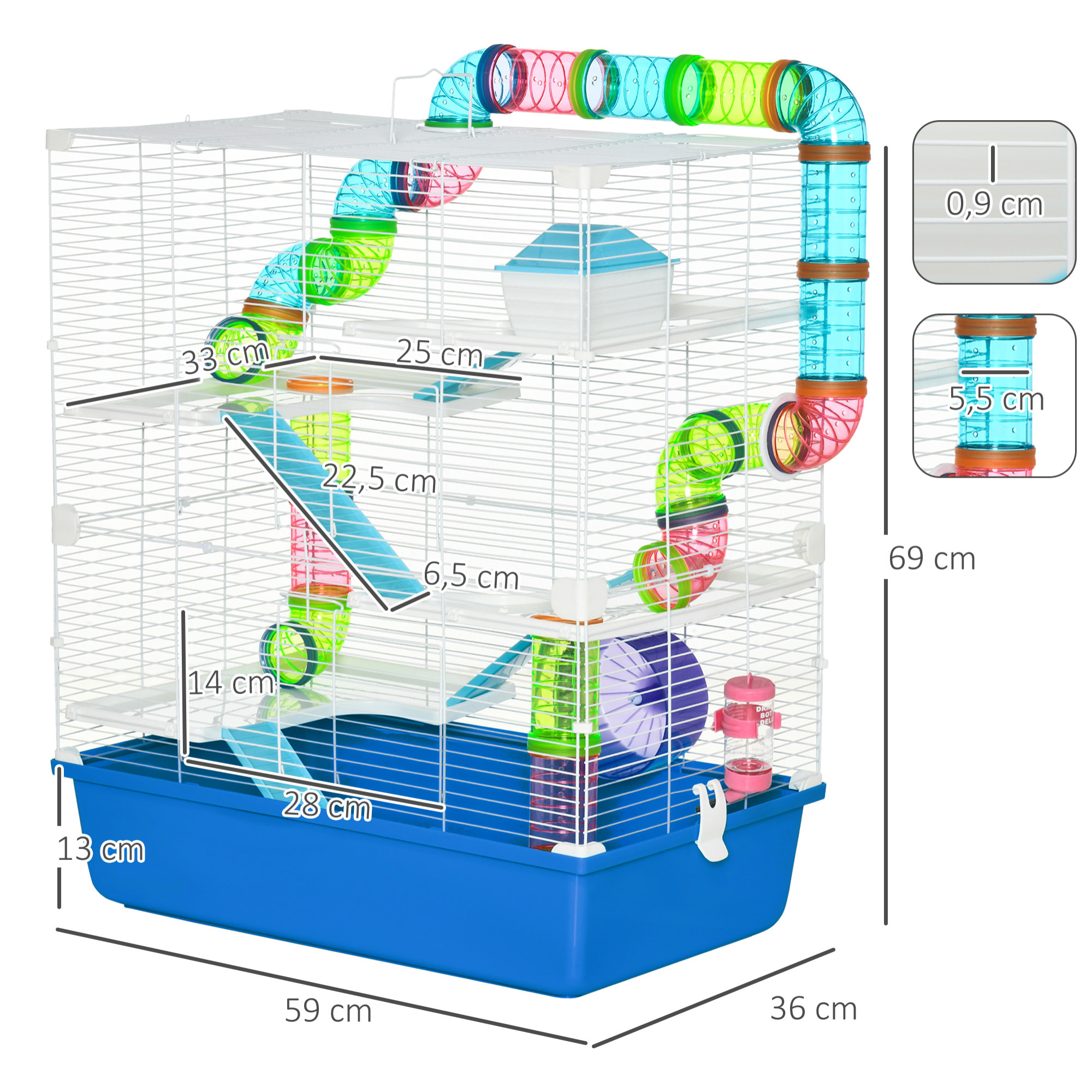 Jaula para Hámster 59x36x69 cm Casa para Animales Pequeños con Túnel Plataformas Cuenco Bebedero Casita Rampas y Rueda de Ejercicio Azul