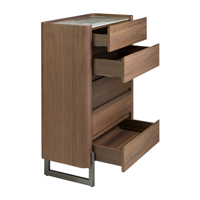 Chifonier de madera chapada en nogal natural y patas de acero inoxidable oscuro metalizado 80x40x112cm