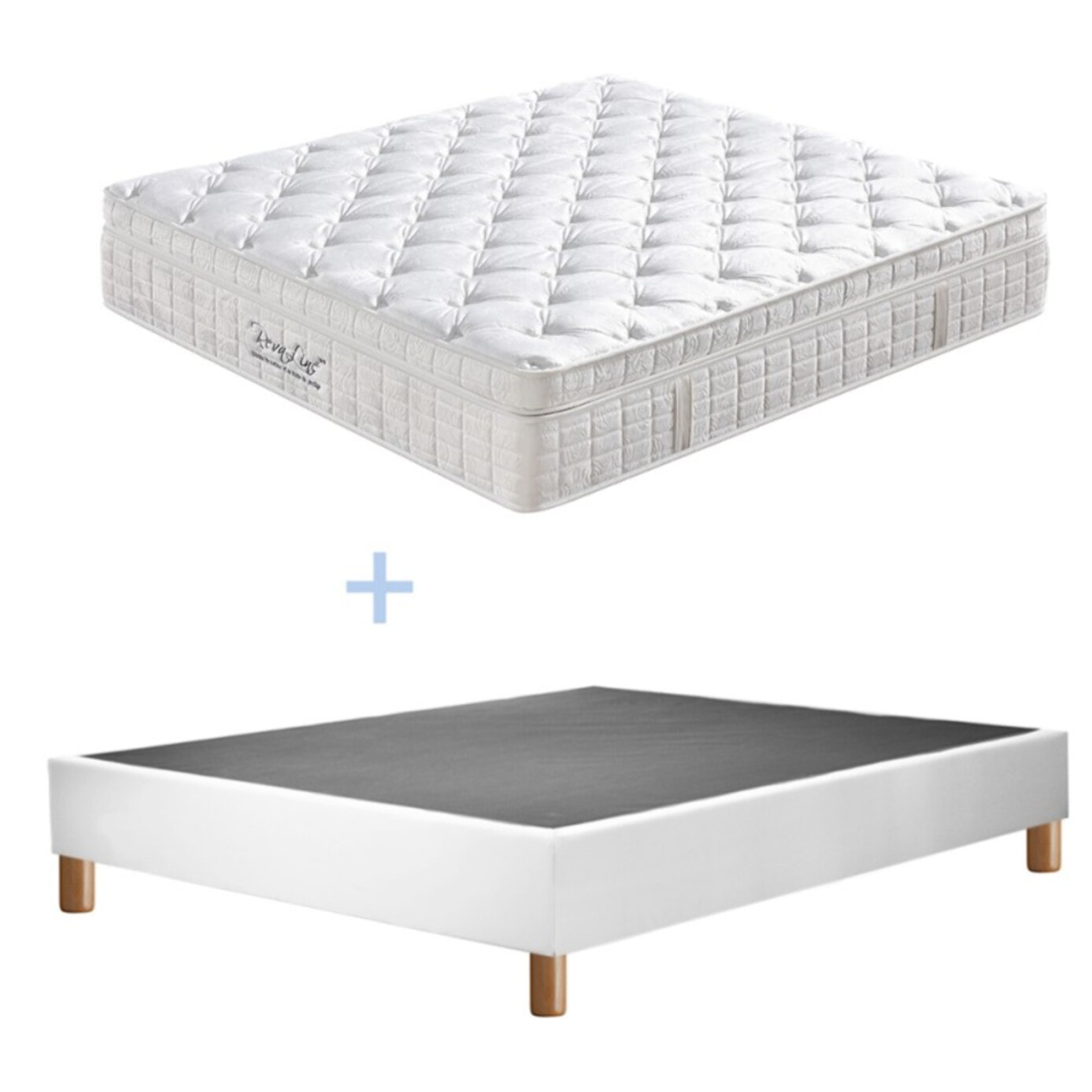 Ensemble Matelas Améthyste & sommier déco | 37 cm | Mémoire de forme, latex et ressorts ensachés | Cadre à lattes |Simili cuir | Blanc