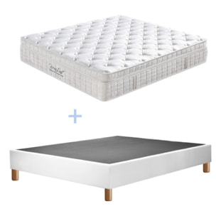 Ensemble Matelas Améthyste & sommier déco | 37 cm | Mémoire de forme, latex et ressorts ensachés | Cadre à lattes |Simili cuir | Blanc
