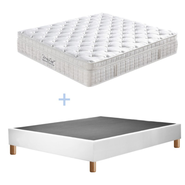 Ensemble Matelas Améthyste & sommier déco | 37 cm | Mémoire de forme, latex et ressorts ensachés | Cadre à lattes |Simili cuir | Blanc