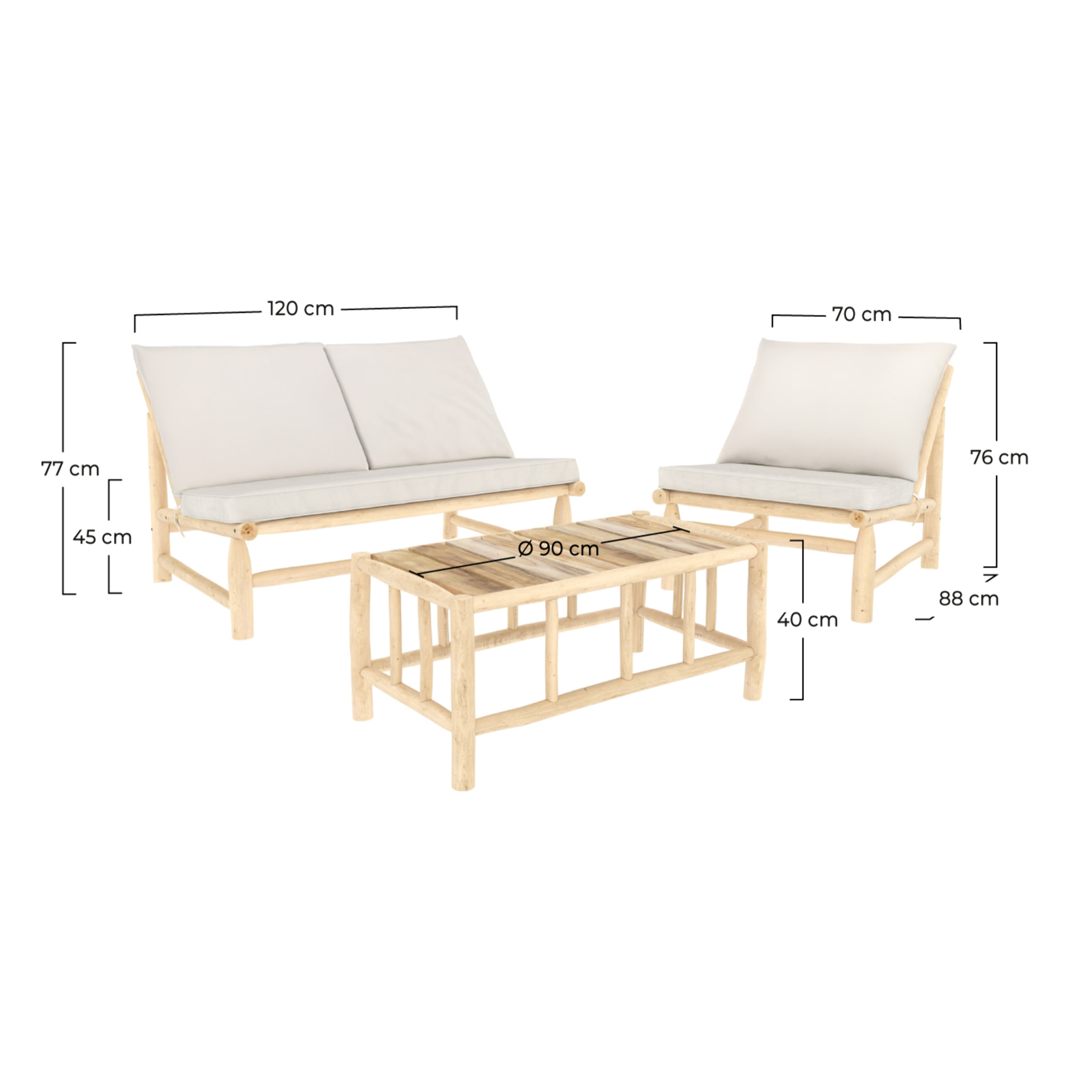 Salon de jardin 3 personnes en bois de teck massif et tissu  - Ily