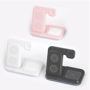 DAM Base de carga inalámbrica plegable 3 en 1. Base Qi 15W doble posición, cargador de Apple Watch y base Qi. Con luz ambiental. Función stand. 15x8,5x11 Cm. Color: Rosa