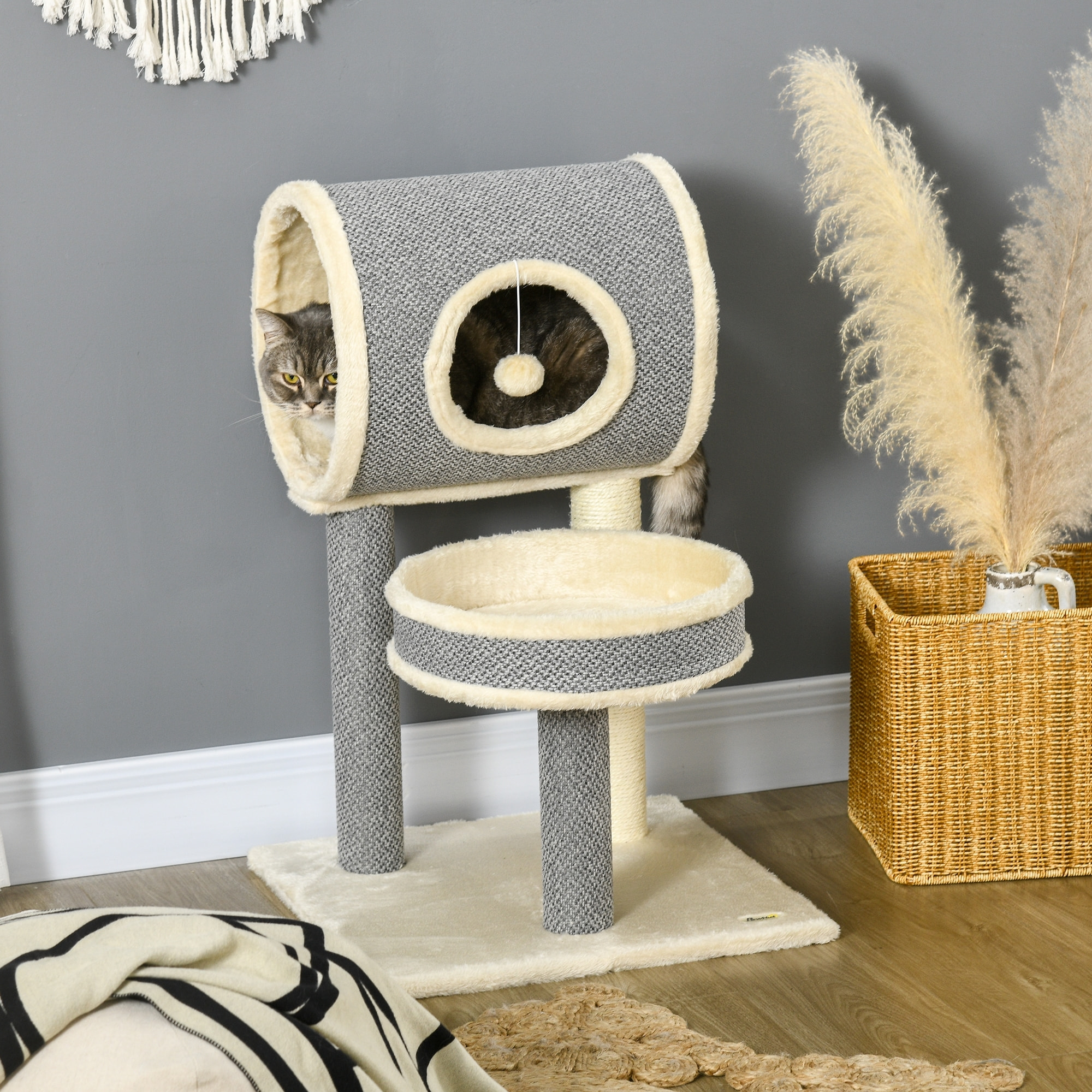 Arbre à chat style cosy chic griffoir sisal naturel plateforme tunnel jeu boule peluche courte aspect lin tressé gris