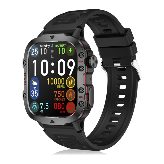 DAM Smartwatch QX11 outdoor. Llamadas Bluetooth, notificaciones push, más de 100 modos deportivos. Monitor cardiaco y O2. 5x1,2x4,3 Cm. Color: Negro