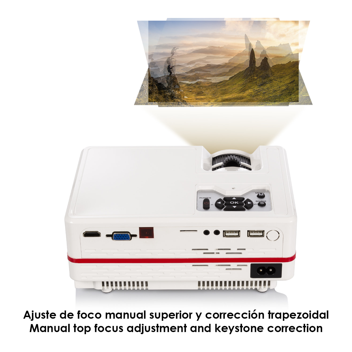 Video proyector LED con duplicación de pantalla para iOS y Android. Hasta 150 pulgadas, contraste 3000:1. Conexiones HDMI, USB, entrada de antena. Mando a distancia.