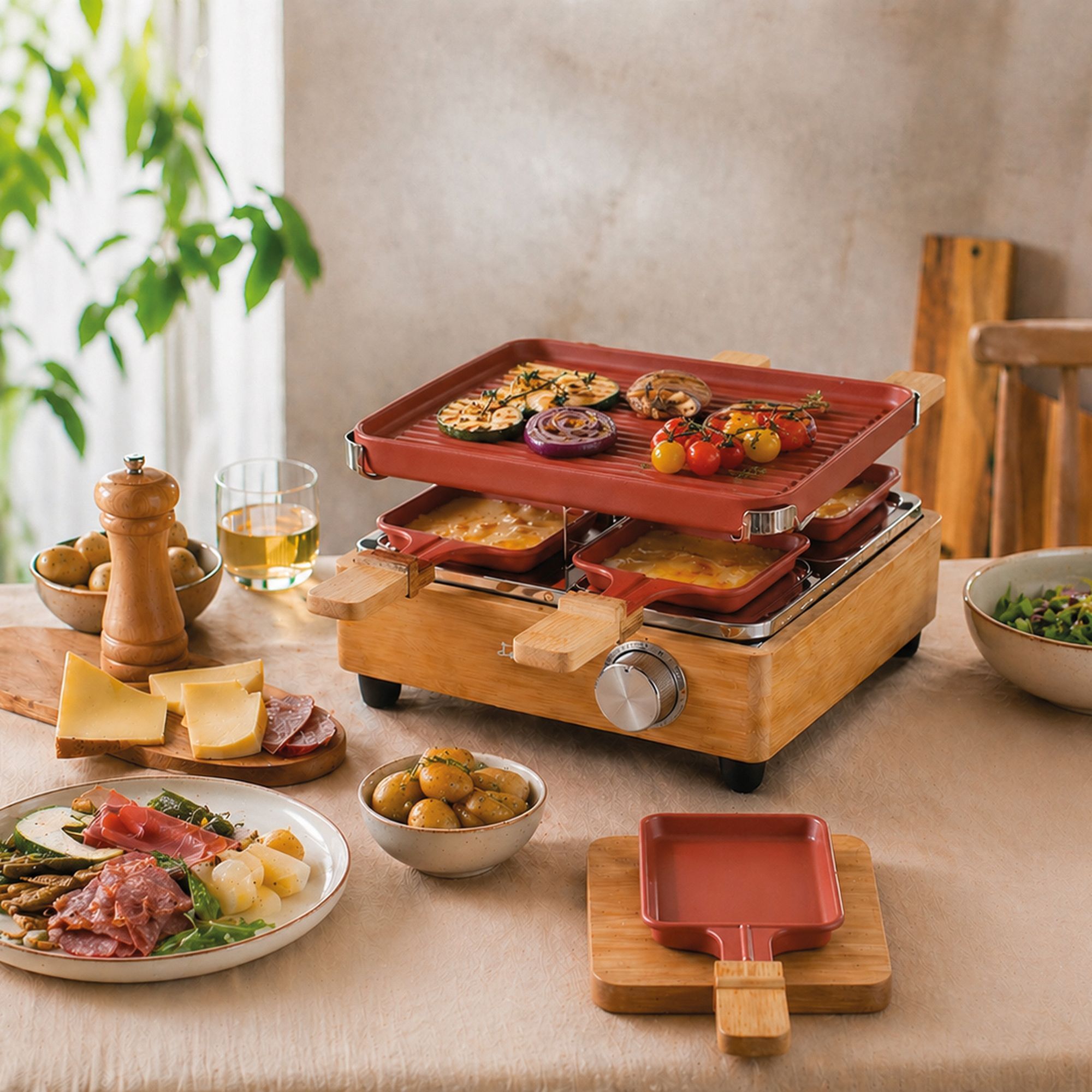Appareil à raclette 4 personnes en aluminium brique et bambou