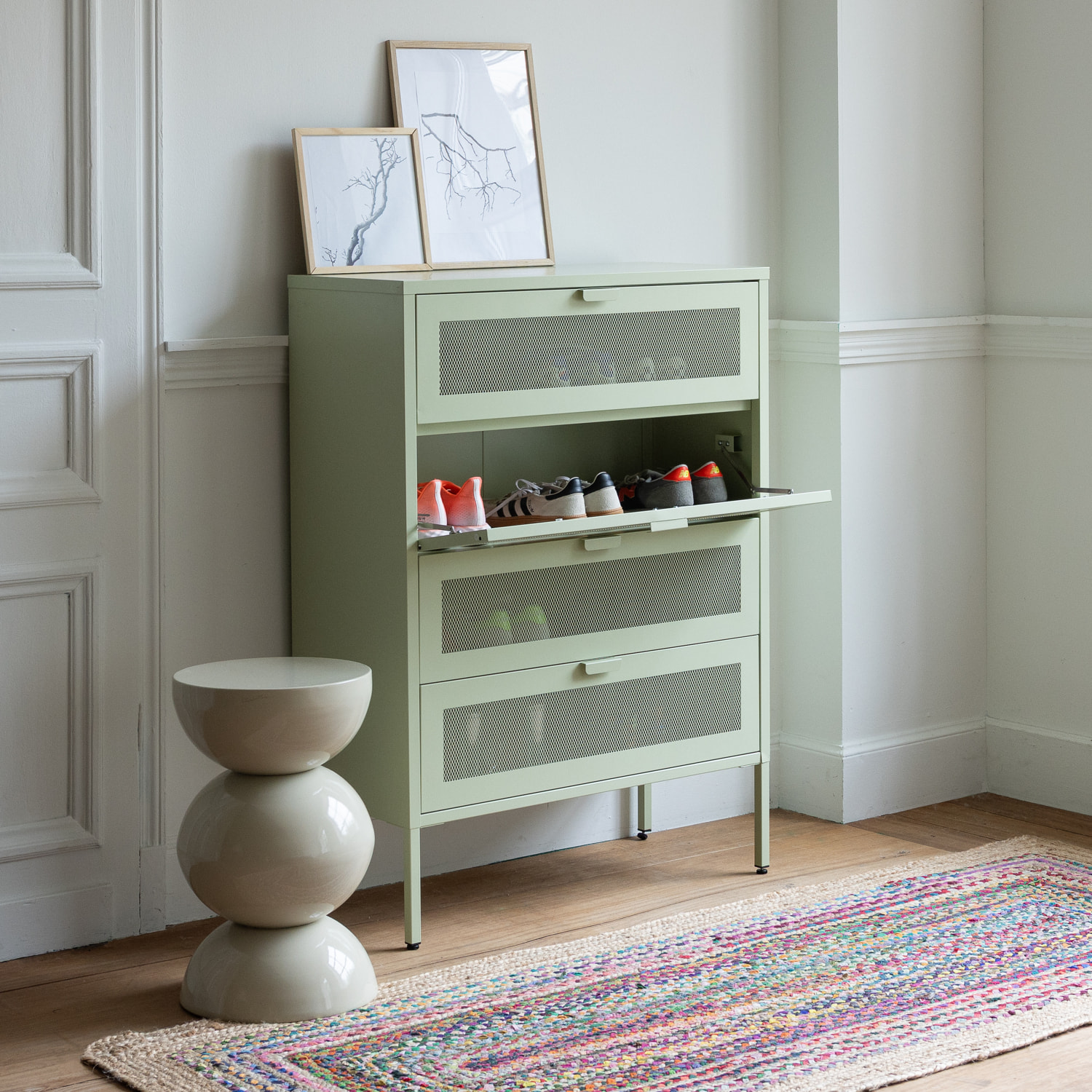 Meuble à chaussures 4 portes en métal vert tilleul EMMA