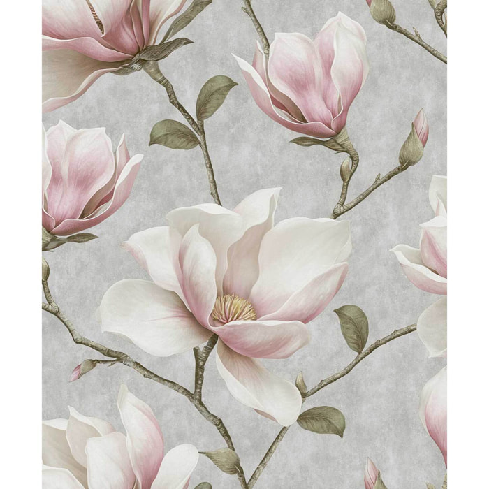 Papier peint magnolia rose et blanc fond gris