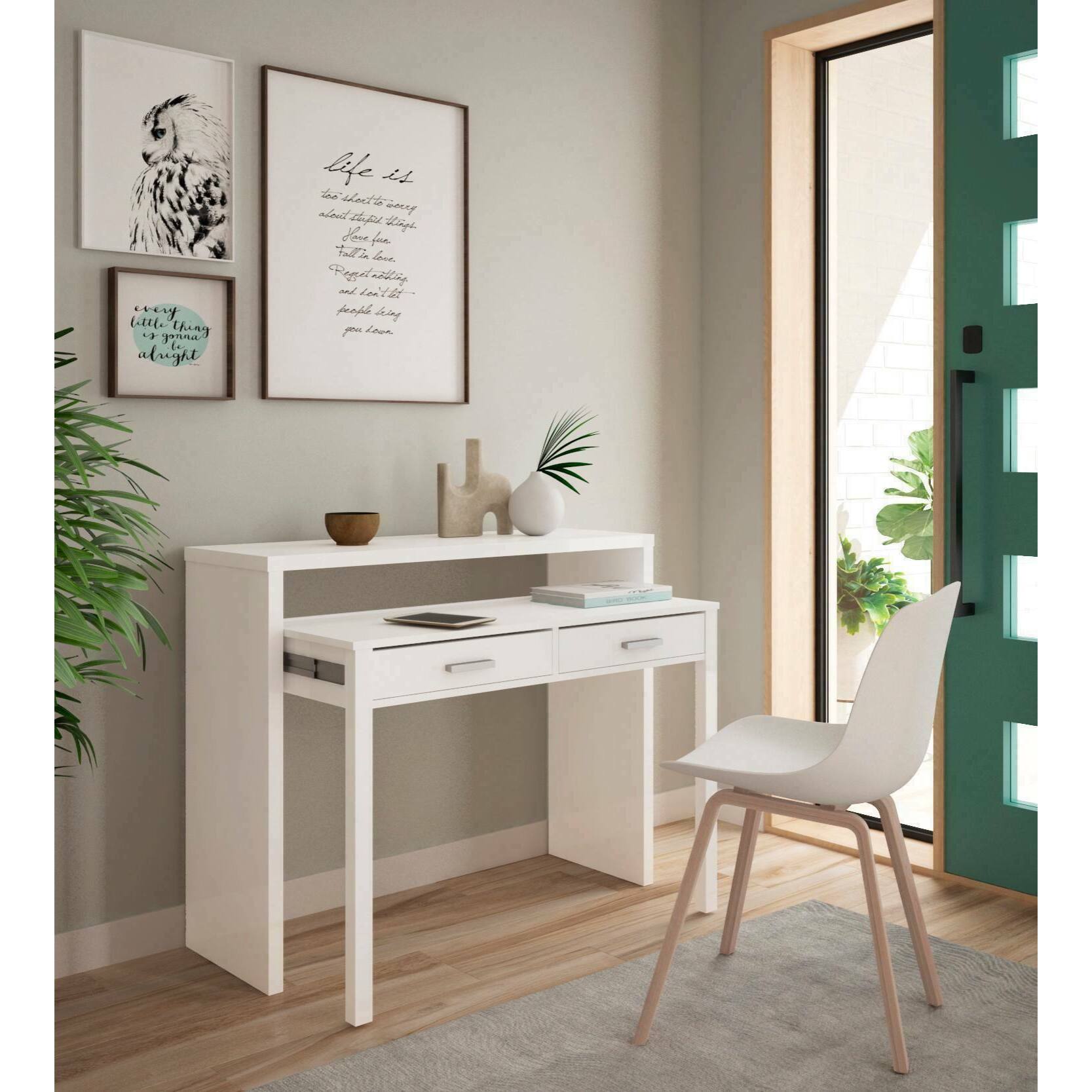 Consolle Billings, Scrivania con piano estensibile, Scrittoio porta PC con 2 cassetti, cm 99x36h88, Bianco