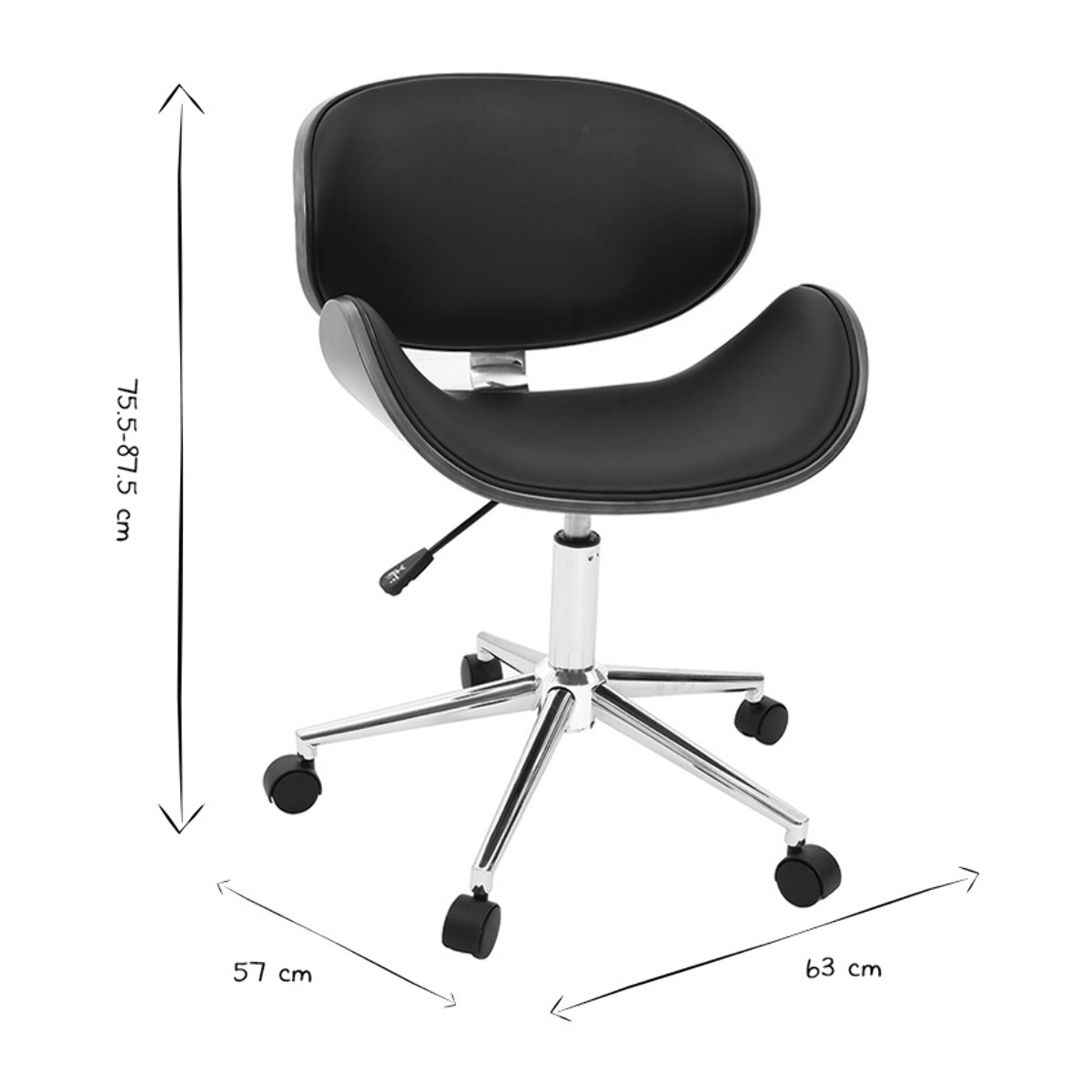 Chaise de bureau à roulettes design noir, bois foncé noyer et acier chromé WALNUT
