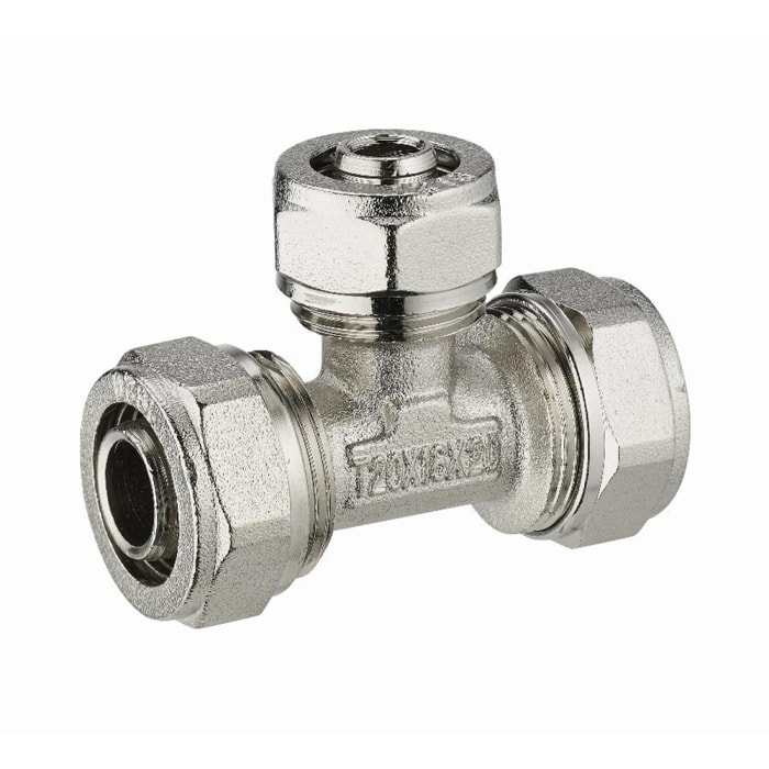 Té réduit à compression pour tube multicouche NOYON & THIEBAULT - Ø 20 mm piquage au centre tube multicouche - Ø 16 mm Bague à sertir en inox - 3985-201620L1