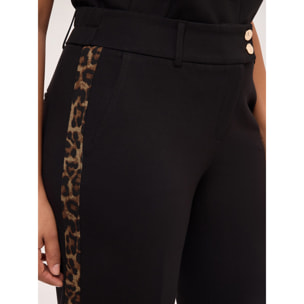 Fiorella Rubino - Pantaloni straight in Punto Milano con banda animalier - Nero