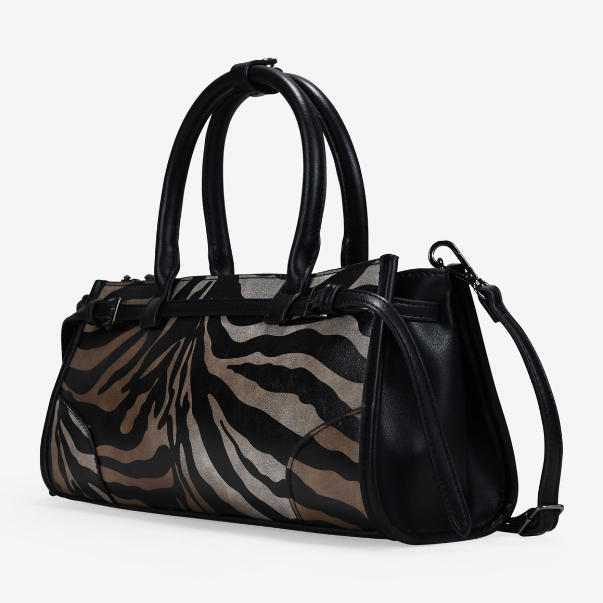 Bolso de mano cebra con cinturón y hebillas