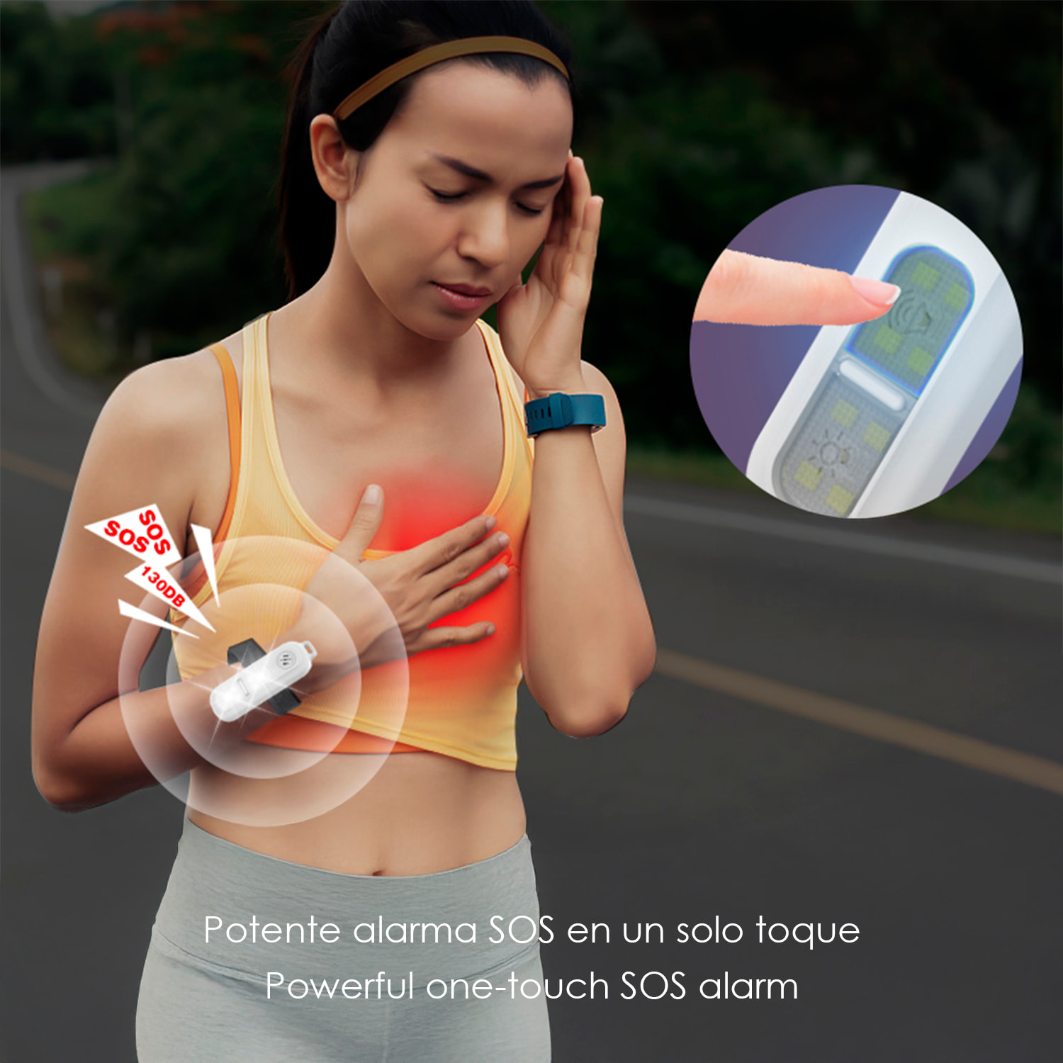 Alarma SOS personal con luz LED brillante blanca, roja y azul, sonido de 130dB. Batería recargable y activación rápida por pulsación.