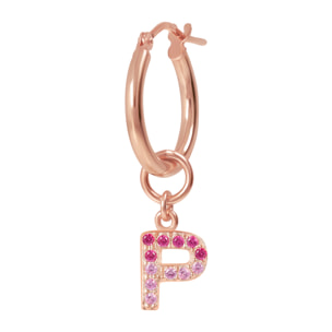 Orecchino a Cerchio con Ciondolo Lettera P in Pavé di Cubic Zirconia Rosa