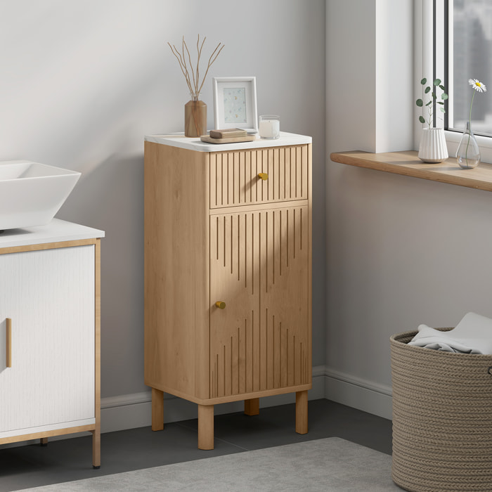 Meuble bas salle de bain style bois naturel plateau effet marbre blanc porte étagère tiroir