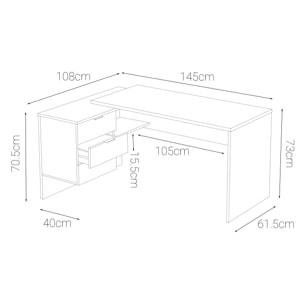 Scrivania Greensboro, Scrittoio multifunzione reversibile da ufficio con cassettiera, Tavolo da studio o ufficio porta PC ad angolo, cm 145x108h73, Rovere e Bianco