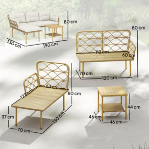 Conjunto de Jardín de Ratán, Juego de 3 Piezas Muebles Jardín Exterior con 1 Sofá de 2 Plazas, 1 Sofá Esquinera, 1 Mesa de Centro Metálica de 2 Niveles y Cojines, Anti-UV, para Patio, Crema