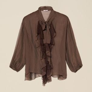 Oltre - Camicia in voile misto seta con volant - Marrone