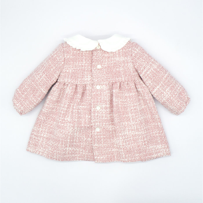 VESTIDO BEBÉ TWEED ROSA CON CUELLO BLANCO Y LAZO