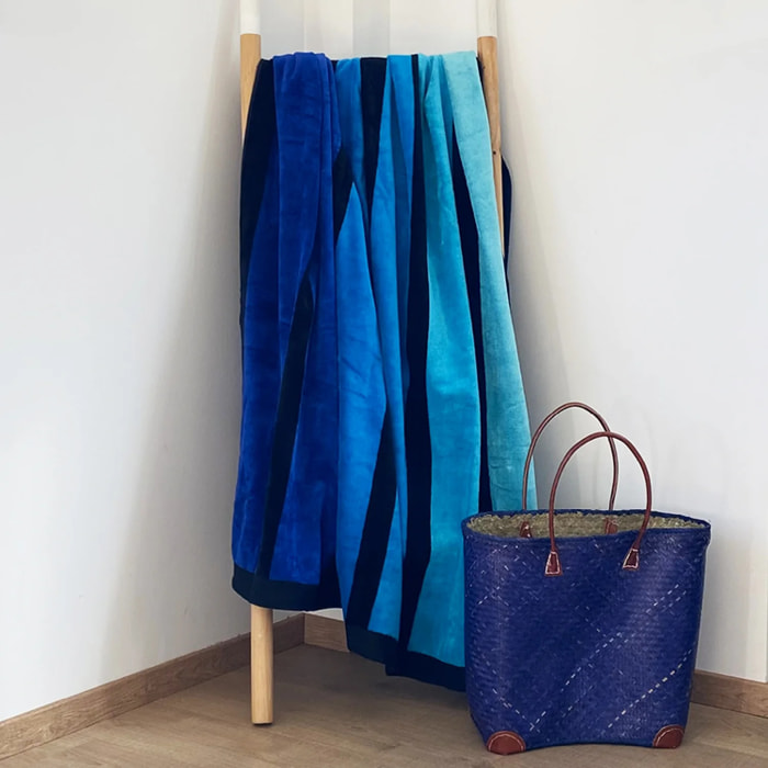 Serviette de plage XL éponge velours Jacquard Bleu 140x180 400g/m² - Happy Blue XL