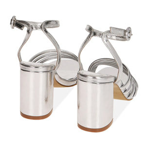 Sandalias laminadas plateadas, tacón de 7,5 cm