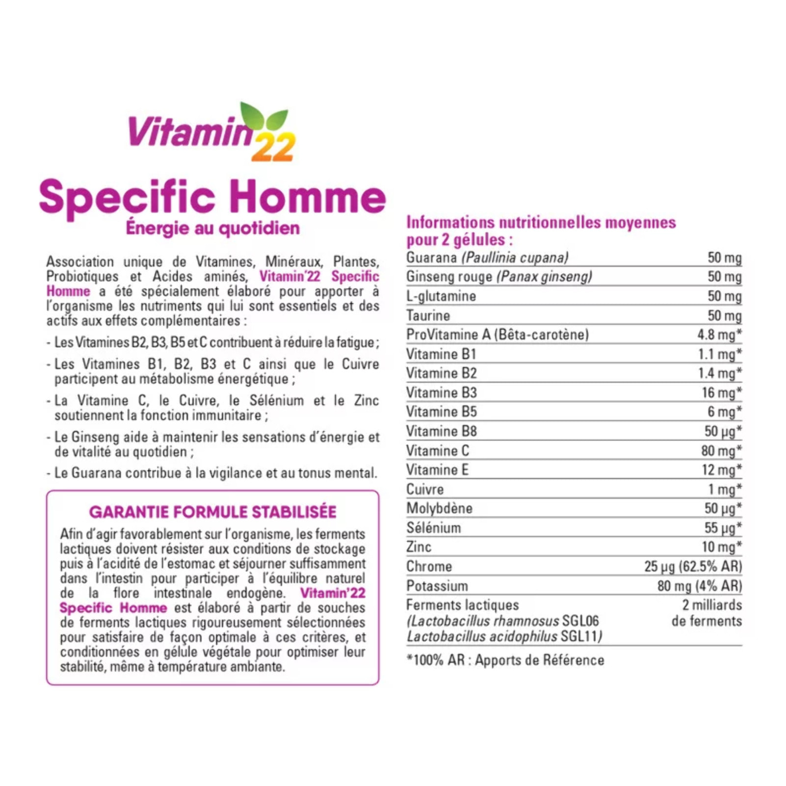 VITAMIN'22 - Specific Homme - Complément alimentaire à base de 14 vitamines et minéraux - Répondre aux besoins spécifique de l'homme - Sans gluten - Fabriqué en France - Cure 30 jours