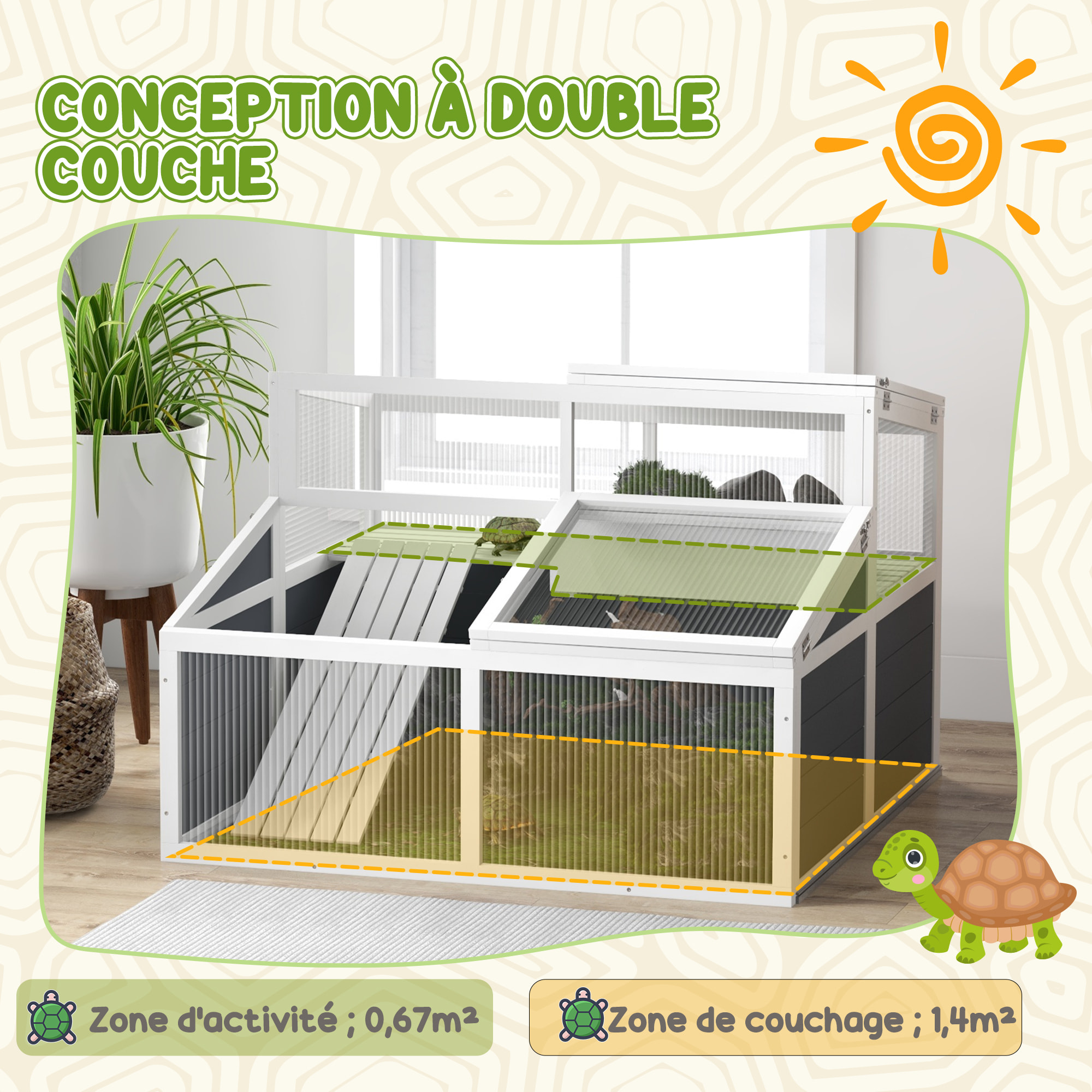 Terrarium enclos tortue 2 espaces toit polycarbonate 3 portes rampe bois gris blanc