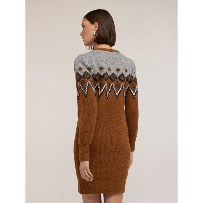 Motivi - Vestido jacquard con mangas abullonadas - Marrón