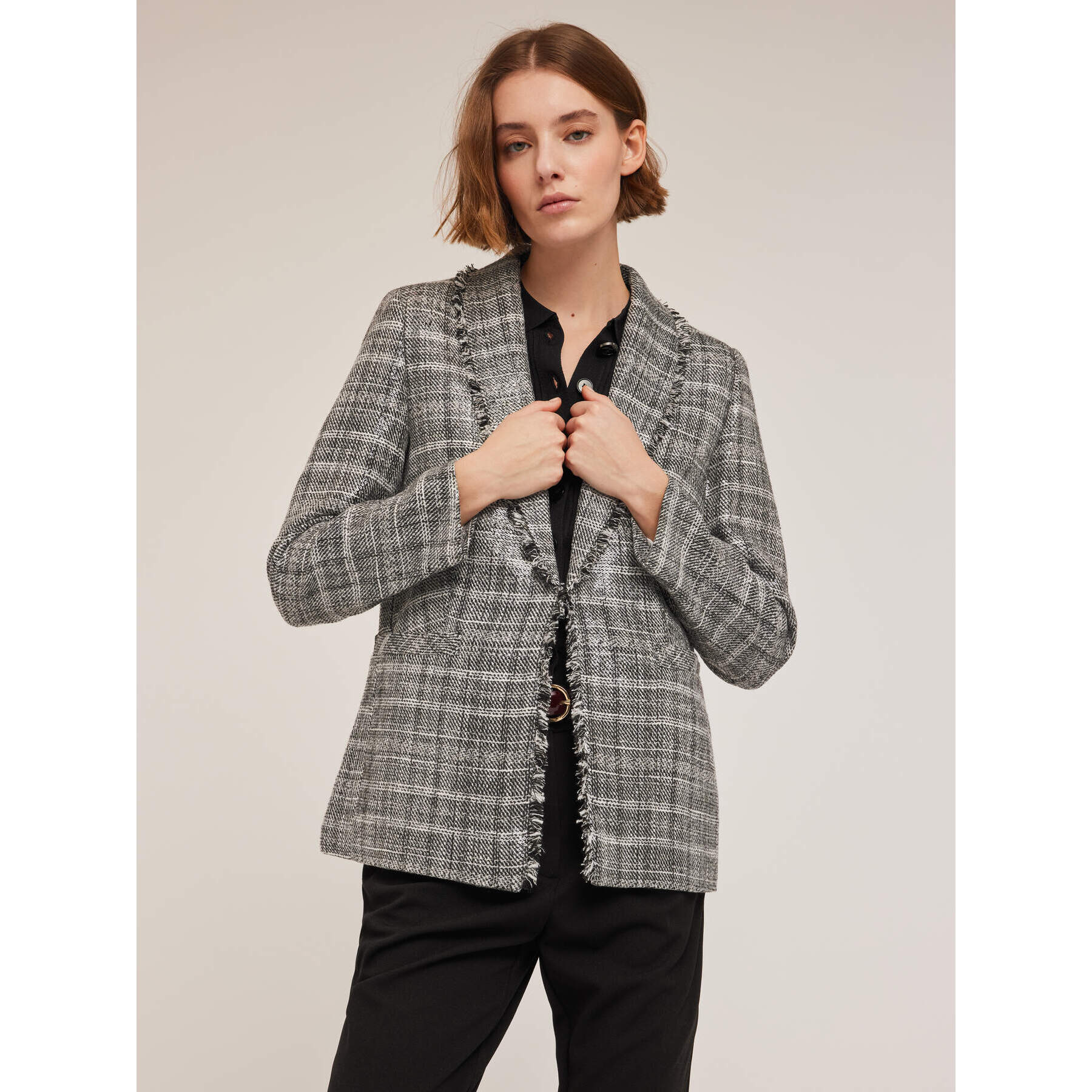 Motivi - Chaqueta de tweed de cuadros con lentejuelas - Gris