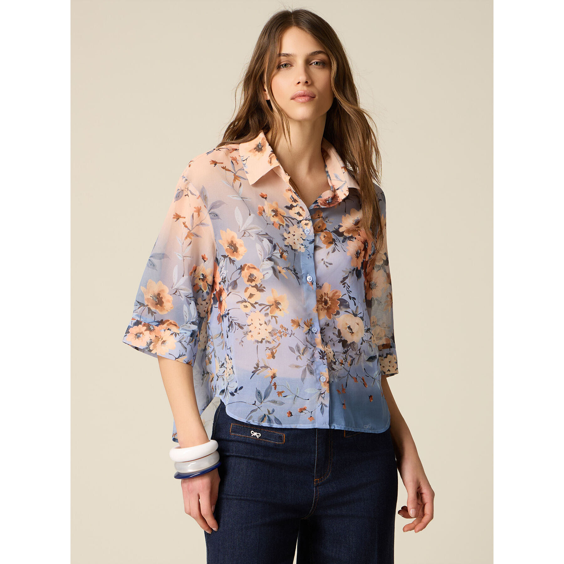 Oltre - Camicia boxy fantasia - Azzurro