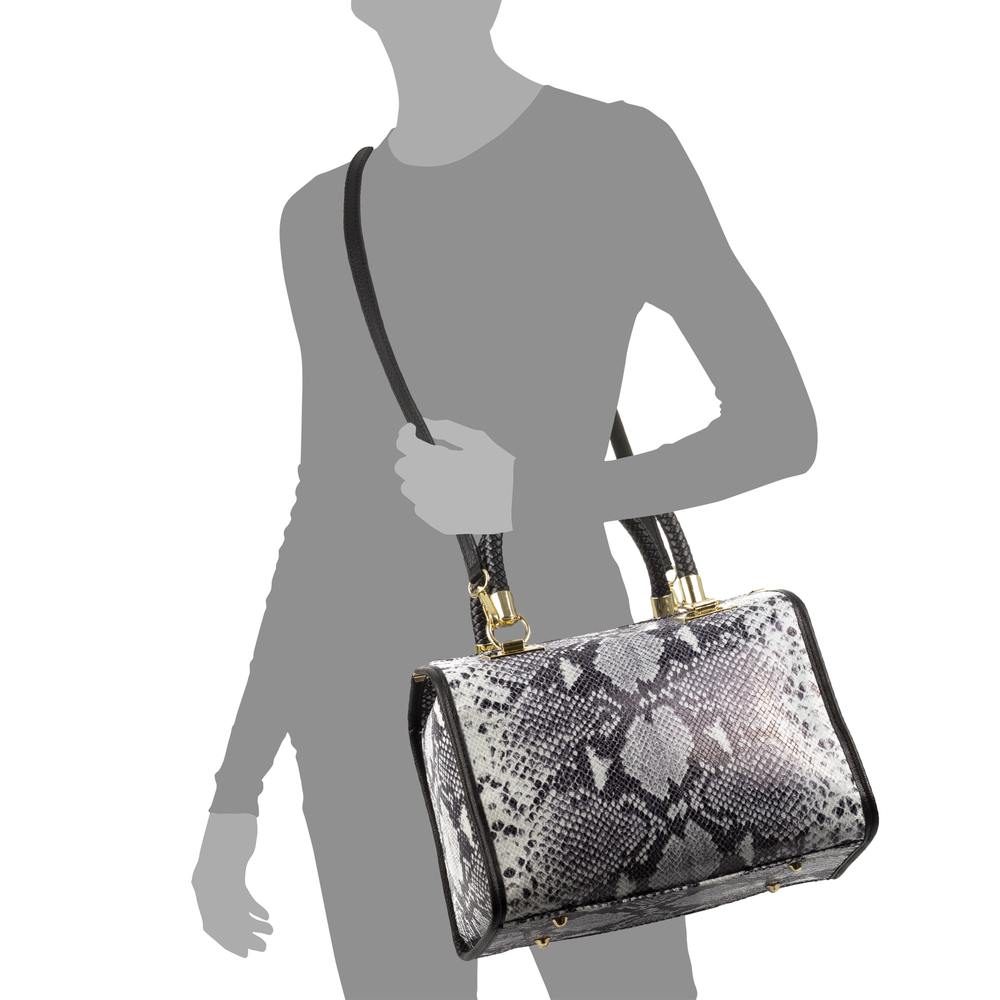 FIRENZE ARTEGIANI Catena Borsa Tote da Donna. Vera Pelle Scamosciata Pitone Made in Italy 31x16x26 Cm. Grigio