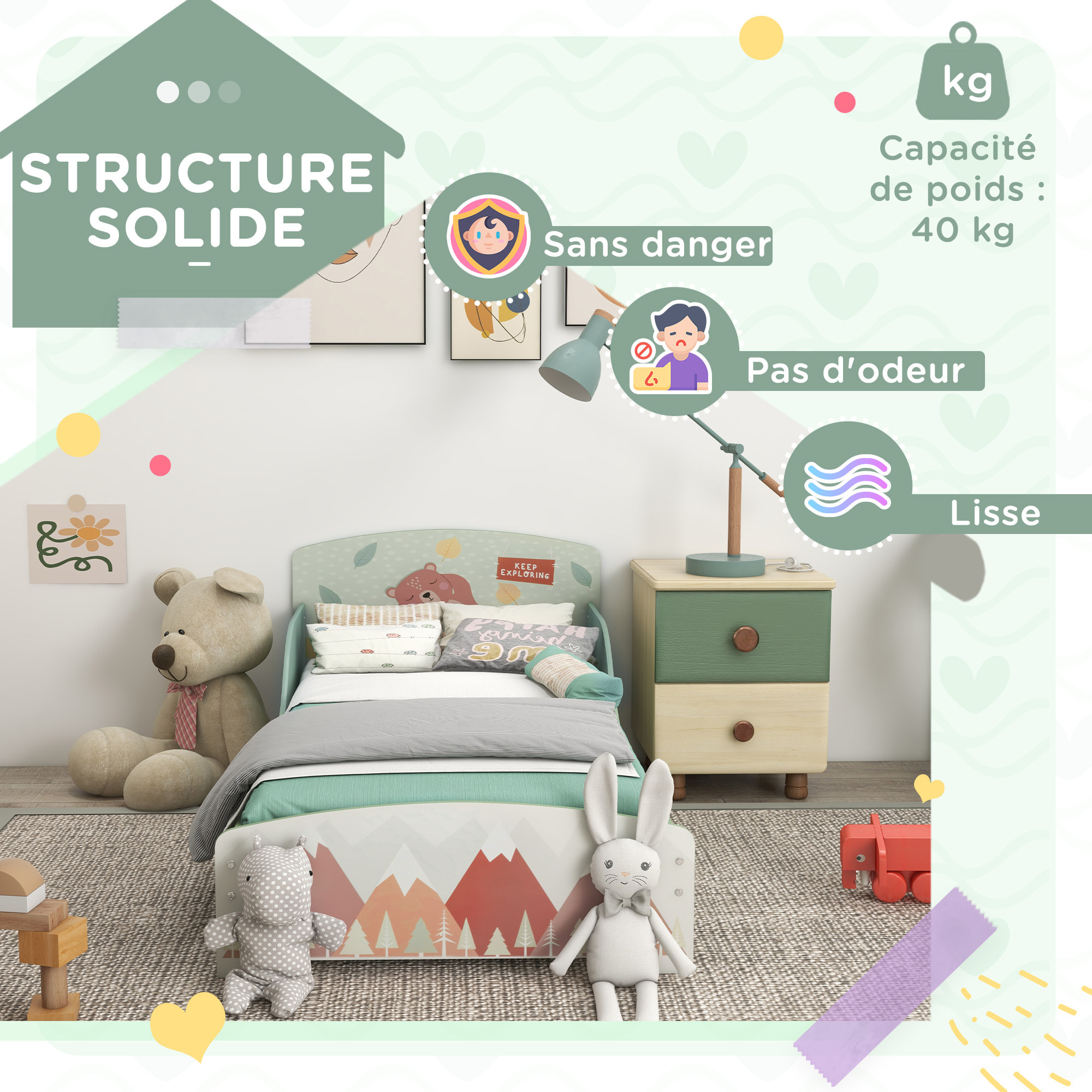 Lit pour enfant 3-6 ans design mountain adventure - sommier à lattes inclus - barrières de sécurité - vert