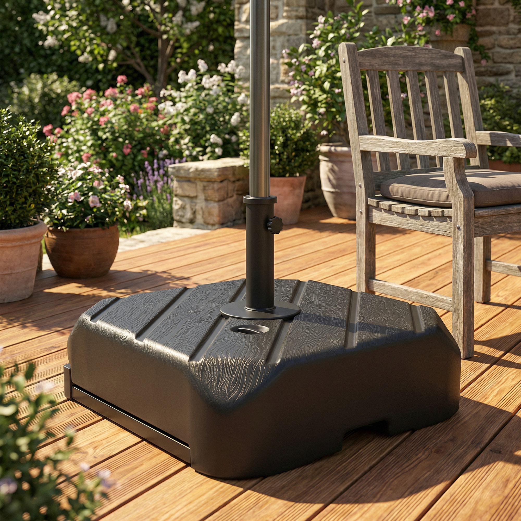 Base para Sombrilla con Ruedas, Soporte de Parasol de HDPE, Pie para Sombrilla con Postes Ø38 mm, Ø48 mm, Rellenable de Arena 72 kg o Agua 45 Litros, con Asa Telescópica, para Jardín, Negro