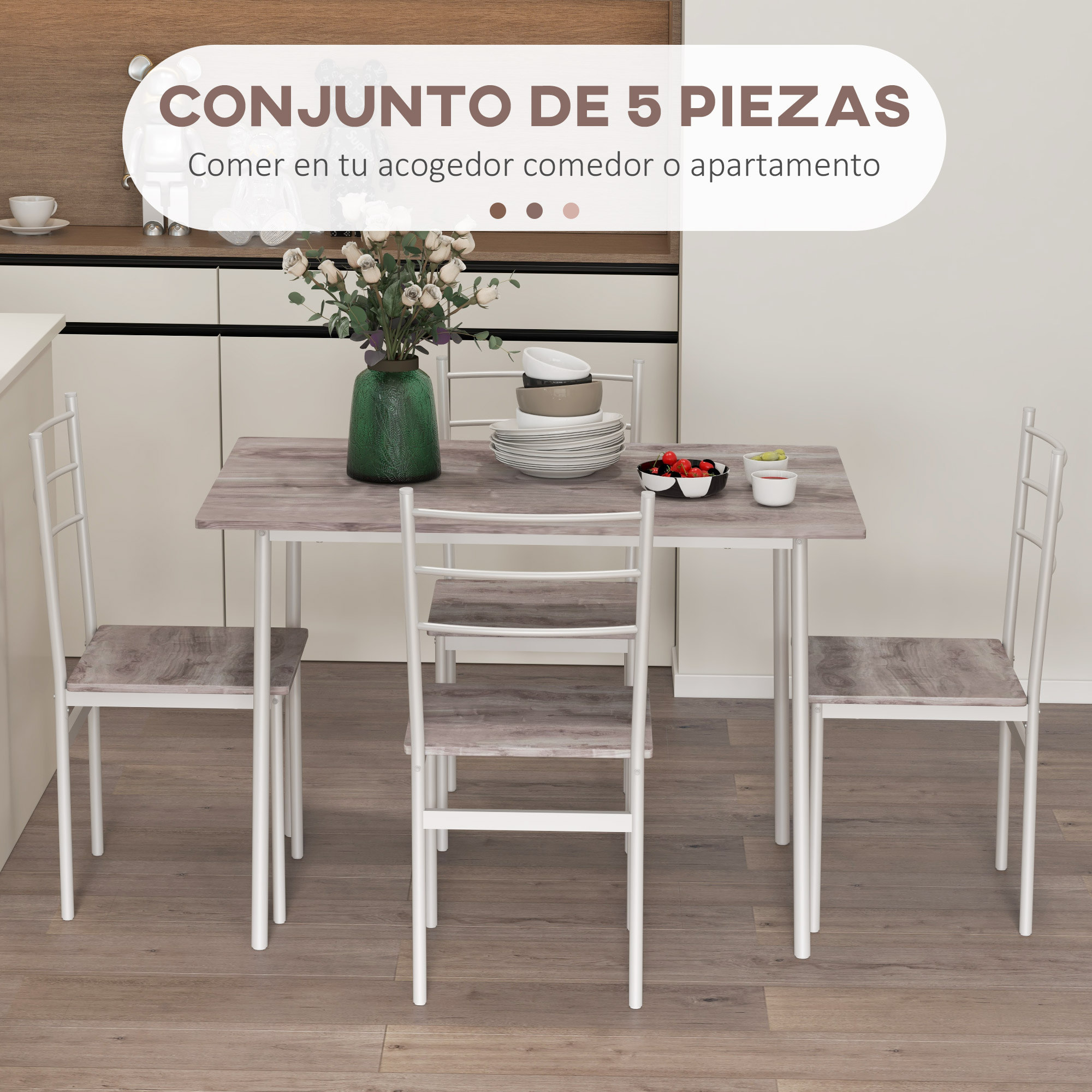 Conjunto de Comedor 5 Piezas Juego de 1 Mesa y 4 Sillas con Pies Acero para Cocina Restaurante 110x70x75 cm Madera Natural y Blanco