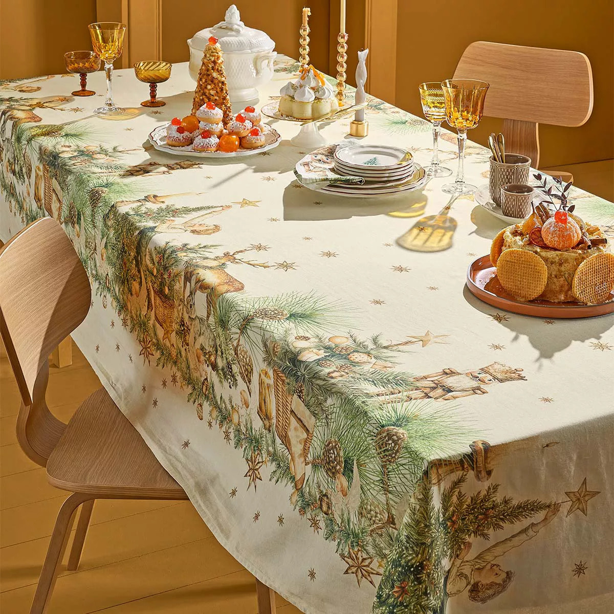 Nappe lin & coton lavé 150 g/m² imprimé beige vert Noel vintage dore