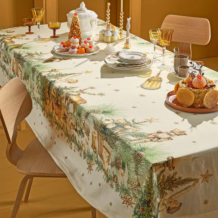 Nappe lin & coton lavé 150 g/m² imprimé beige vert Noel vintage dore