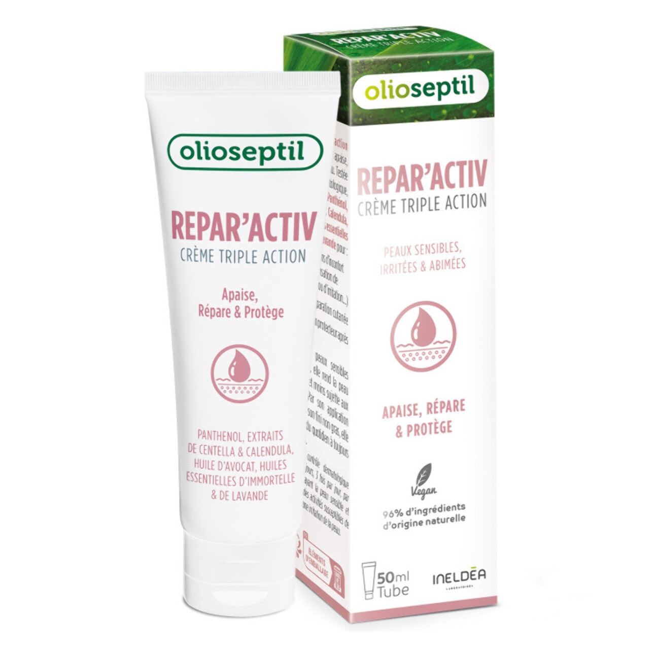 OLIOSEPTIL - Repar'activ - Crème triple action - Aide à Apaiser, Répare et Protège la peau - Adaptée aux Peaux Sensibles - Vegan - Tube 50 ml