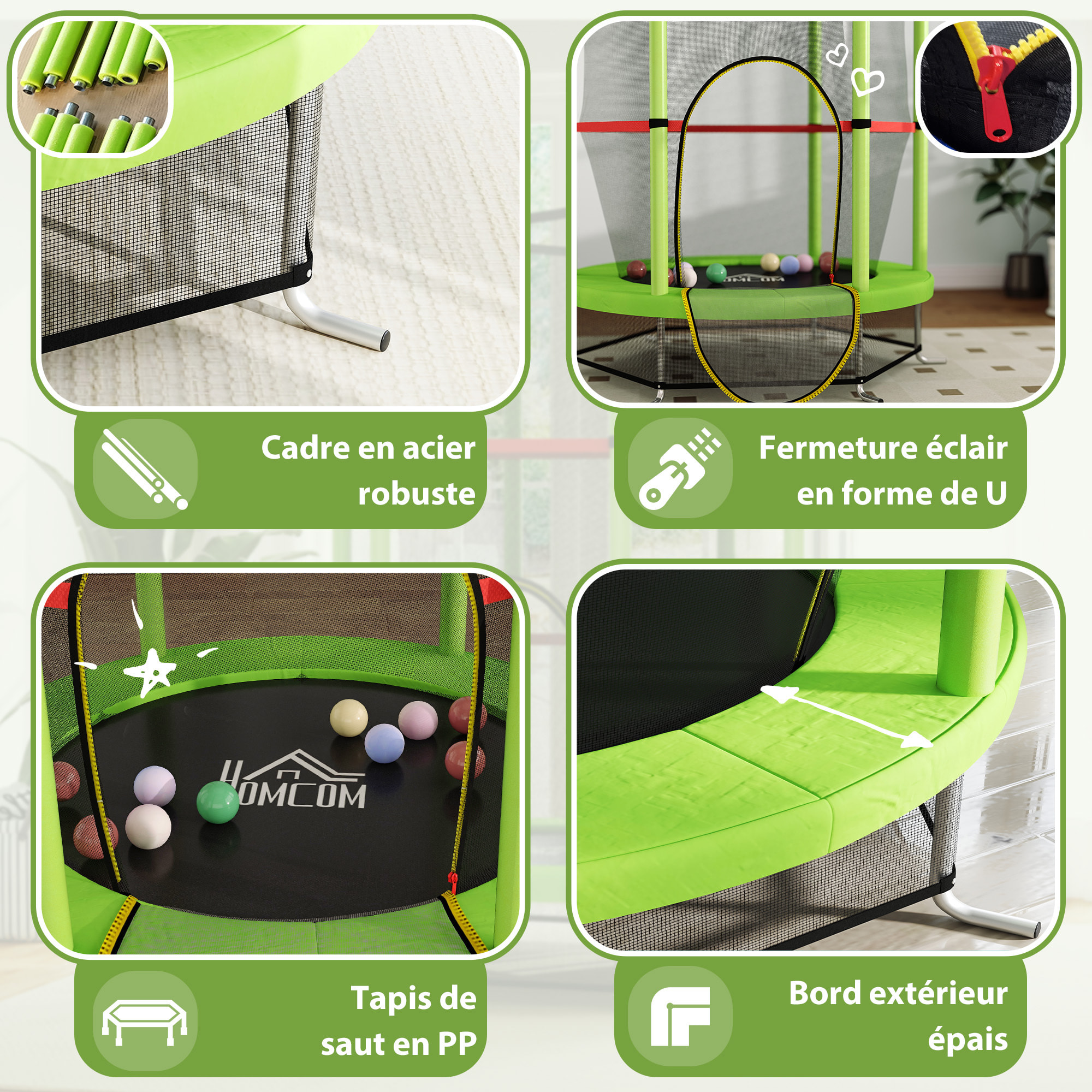 Trampoline enfant Ø140 cm max. 45 Kg - filet sécurité, porte zippée, 6 poteaux rembourrés - vert