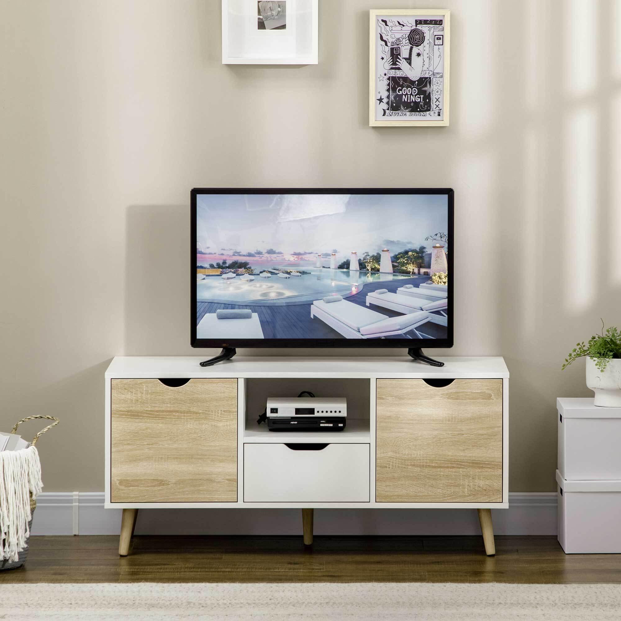 HOMCOM Mueble de TV con Cajón 2 Puertas y Compartimiento Mesa para TV para Televisores de hasta 50 Pulgadas Aparador de Salón para Dormitorio 110x40x50 cm Blanco y Natural