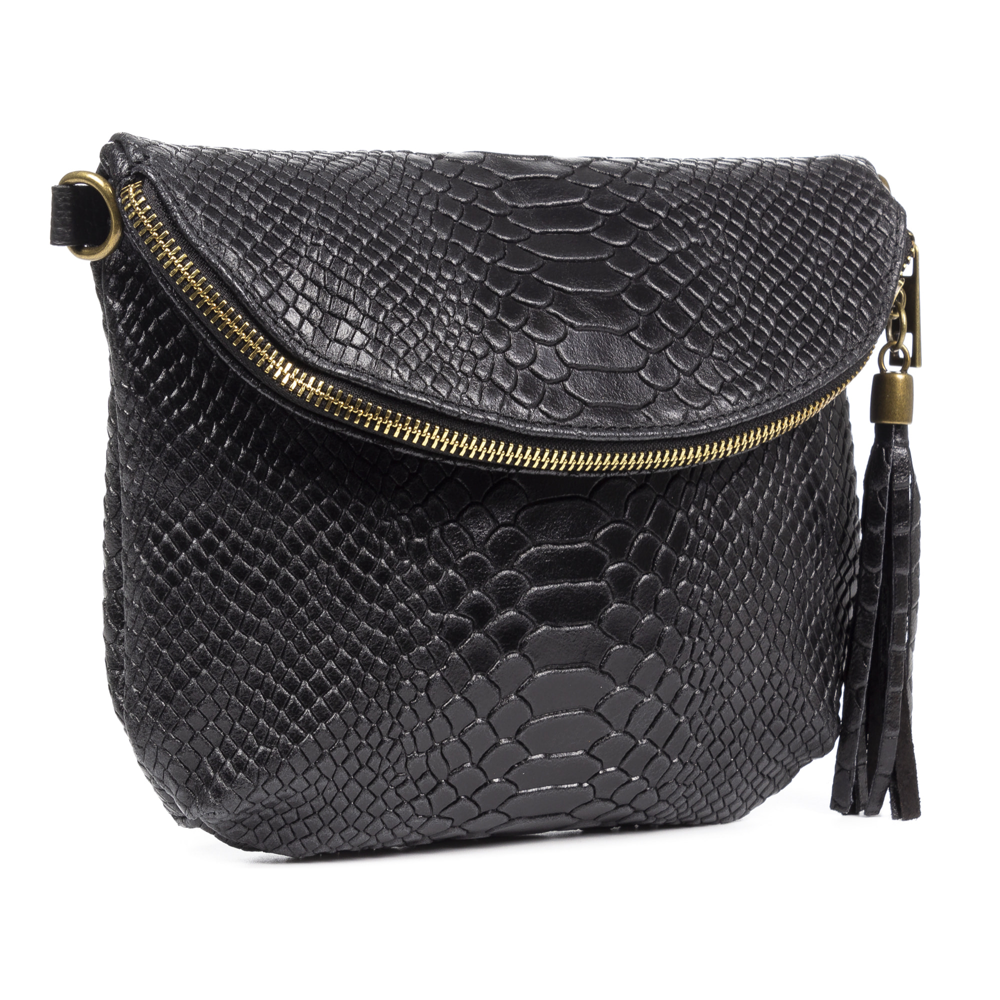 FIRENZE ARTEGIANI Ancona Borsa a tracolla da donna Vera pelle scamosciata stampa serpente Made in Italy 23x4x19 Cm. Colore nero