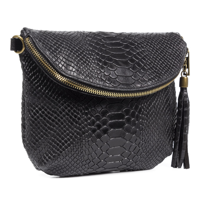FIRENZE ARTEGIANI Ancona Borsa a tracolla da donna Vera pelle scamosciata stampa serpente Made in Italy 23x4x19 Cm. Colore nero
