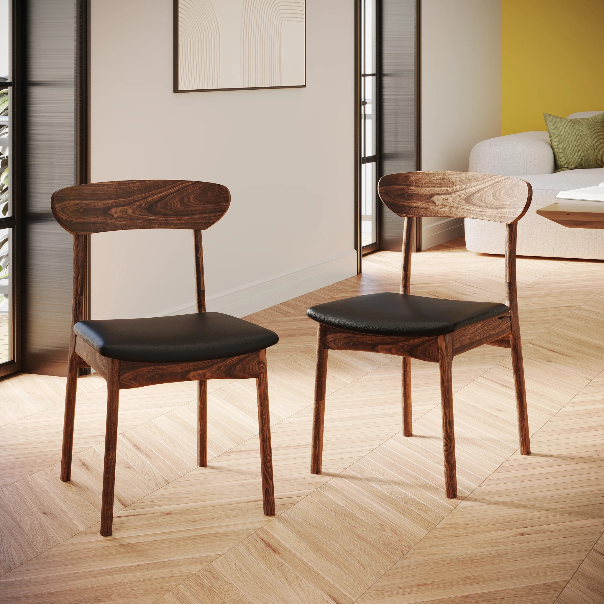 Lot de 2 chaises en cuir synthétique noir et bois foncé - Lana