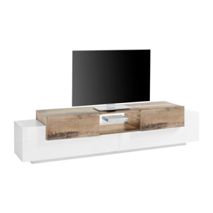 Mobile da soggiorno Porta TV, Made in Italy, Supporto per TV da salotto a 4 ante e ripiani, cm 220x45h51, colore Bianco lucido e Acero