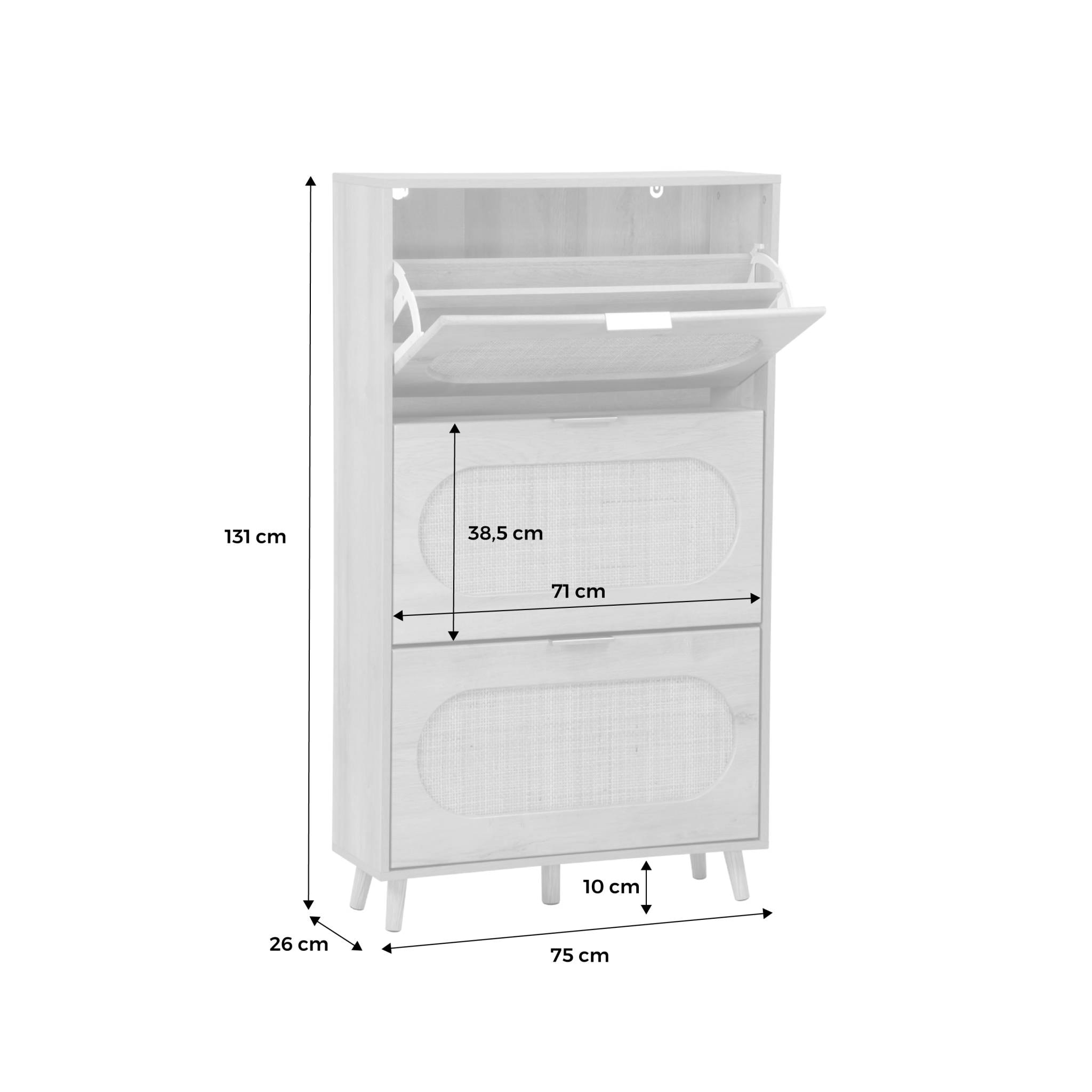 Meuble à chaussures décor bois et cannage 3 tiroirs. poignées en métal - L 75 x P 26 x H 131 cm - Eva