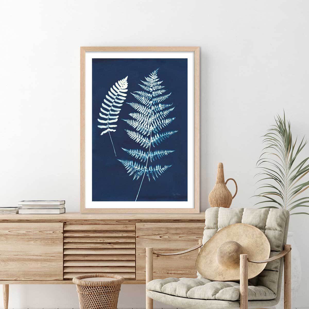 Affiche Duo fougères bleues Affiche + cadre en bois - Chêne