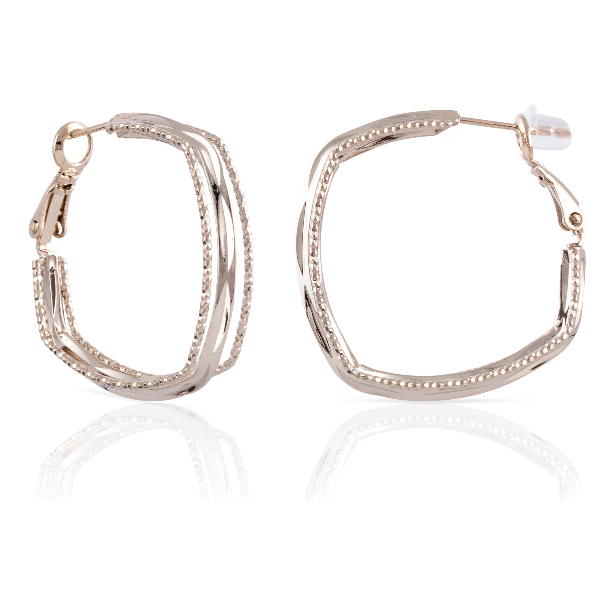 Pendientes de aro con diseño geométrico de cobre con recubrimiento electroplateado brillante, 30 mm, con cierre catalán en plata de ley 925.